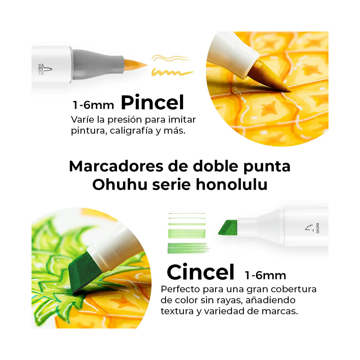 Marcadores base alcohol de doble punta 6 colores básicos