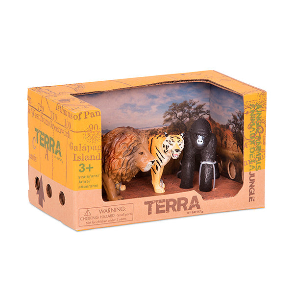Animales de la jungla: León, tigre y gorila.
