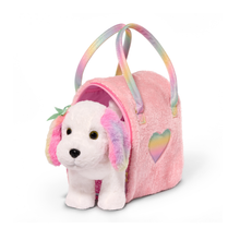 Perrito maltés multicolor en bolso brillante rosa