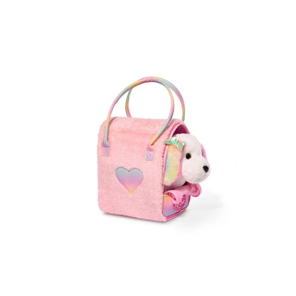 Perrito maltés multicolor en bolso brillante rosa