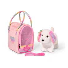 Perrito maltés multicolor en bolso brillante rosa