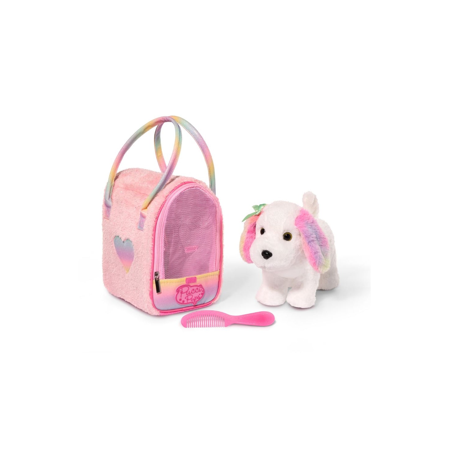 Perrito maltés multicolor en bolso brillante rosa