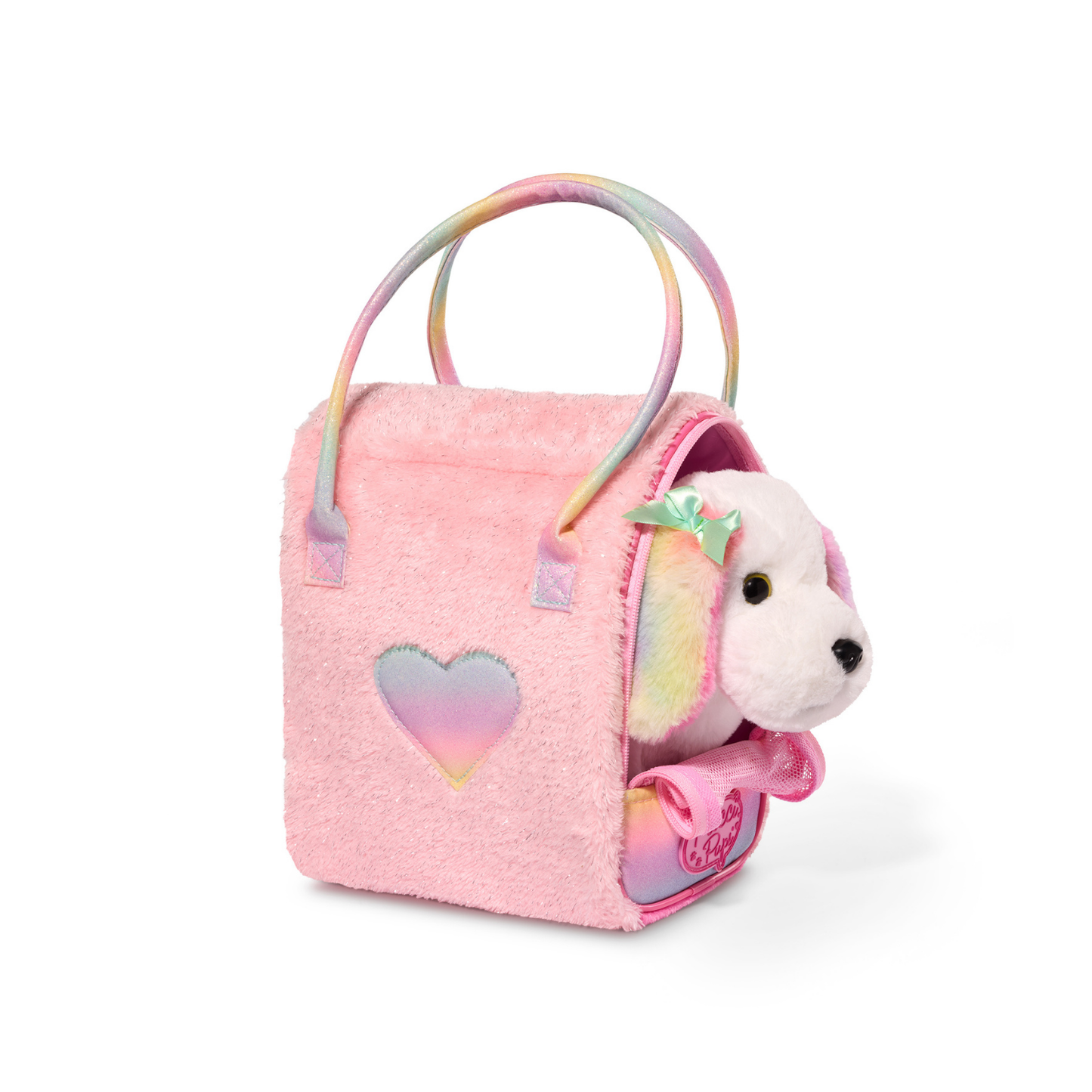 Perrito maltés multicolor en bolso brillante rosa