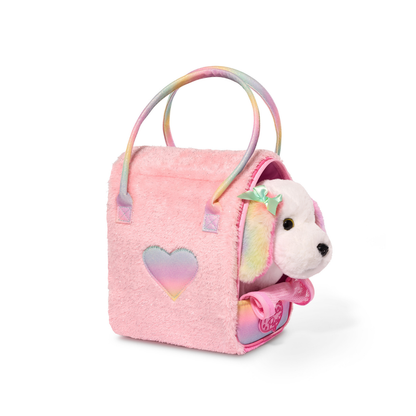 Perrito maltés multicolor en bolso brillante rosa