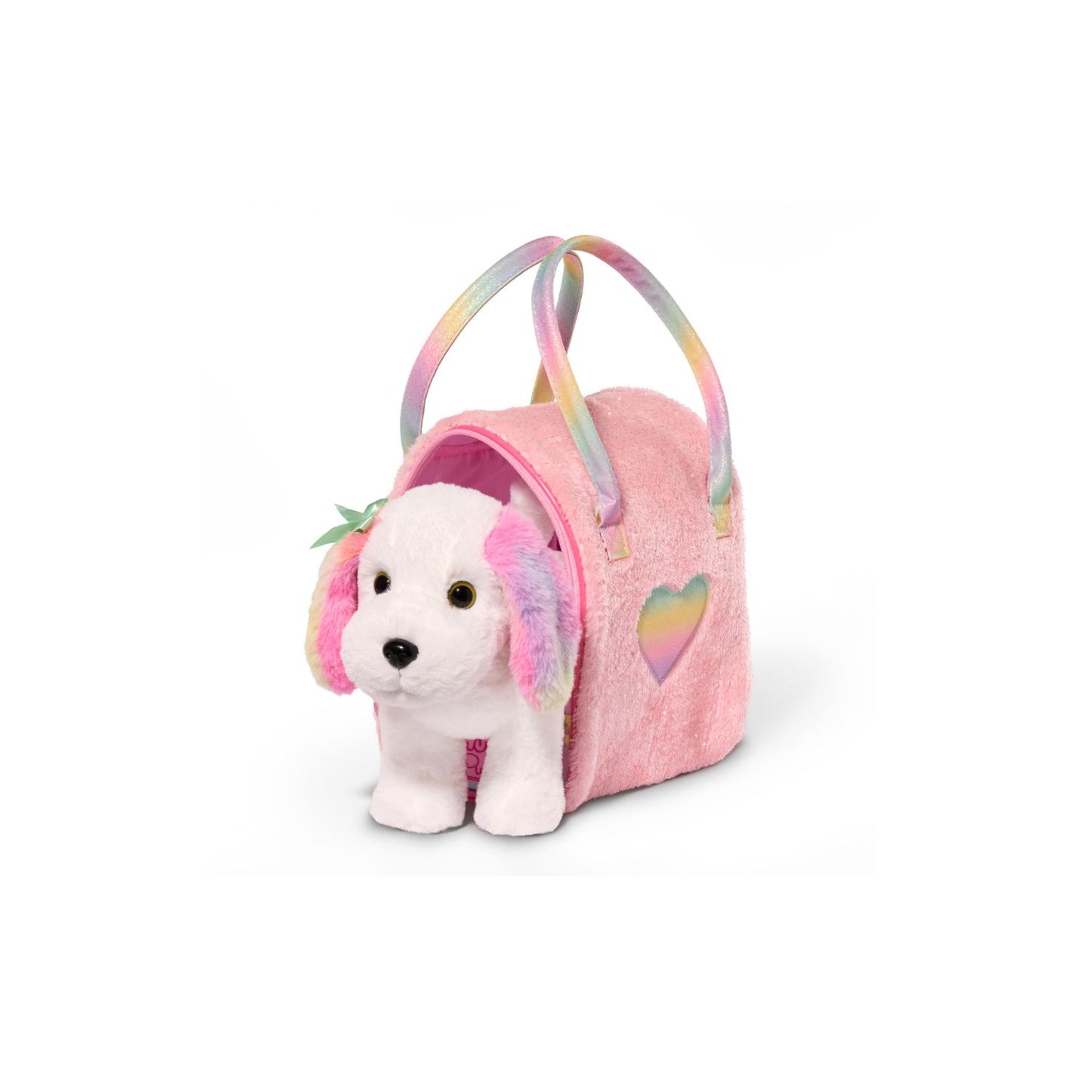 Perrito maltés multicolor en bolso brillante rosa
