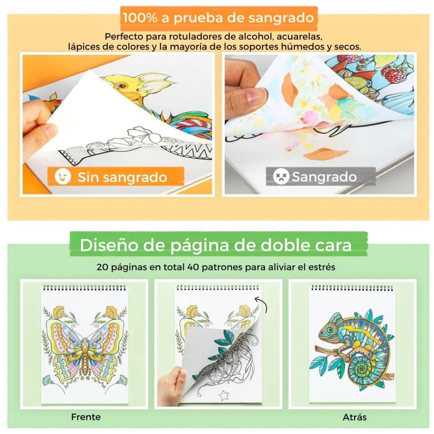 OHUHU LIBRO PARA COLOREAR DOBLE CARA ANIMALS & MANDALA