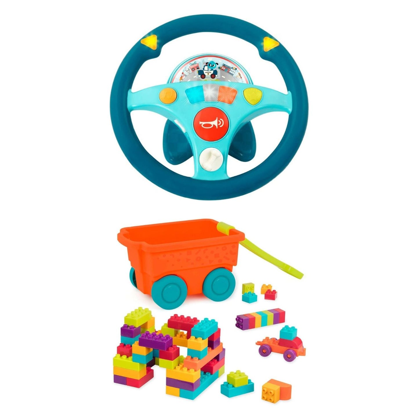 Pack Battat · Volante Interactivo Backseat Driver + Vagón de Bloques