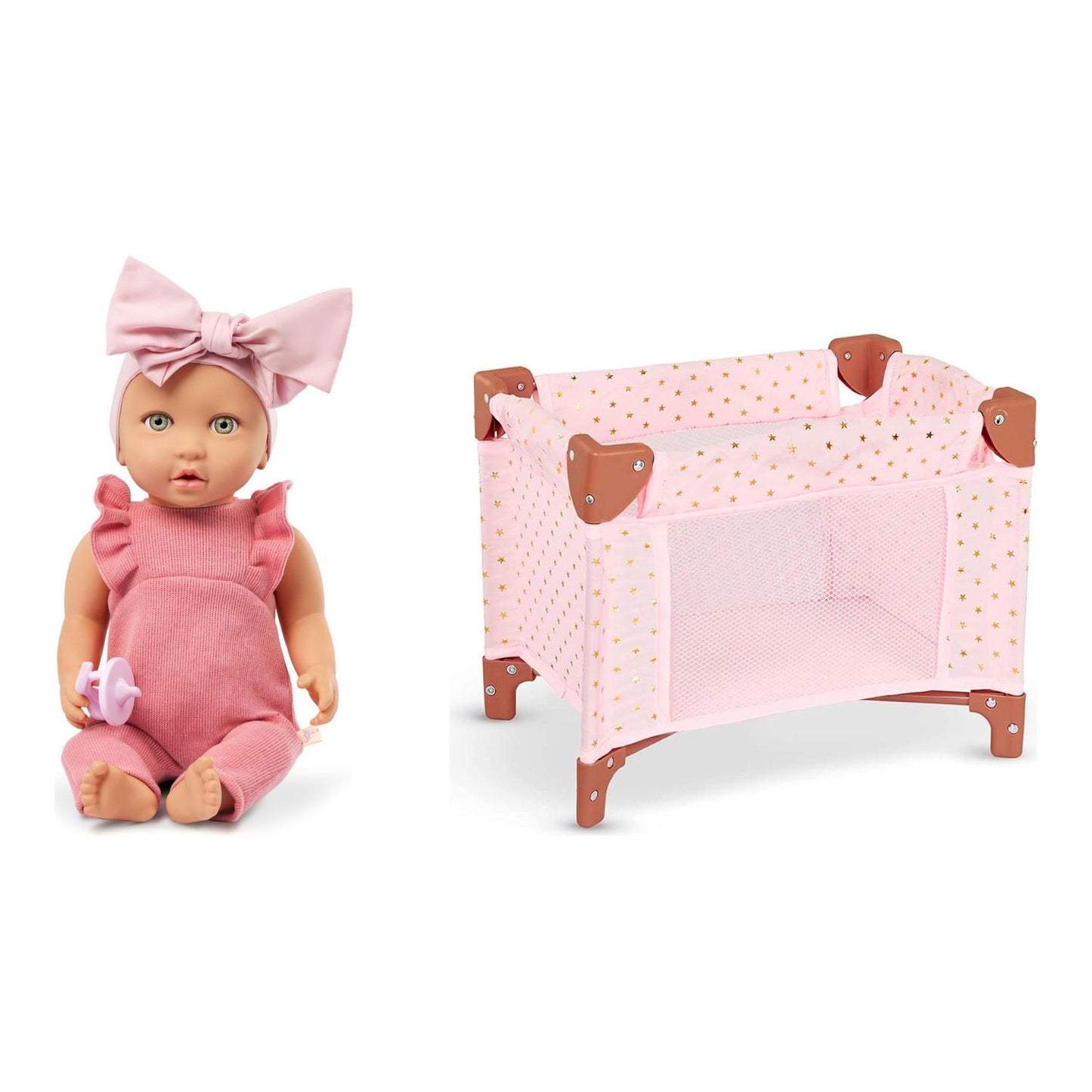 Pack Muñeca LullaBaby Jardinera Rosada + Cuna Plegable para Muñecas