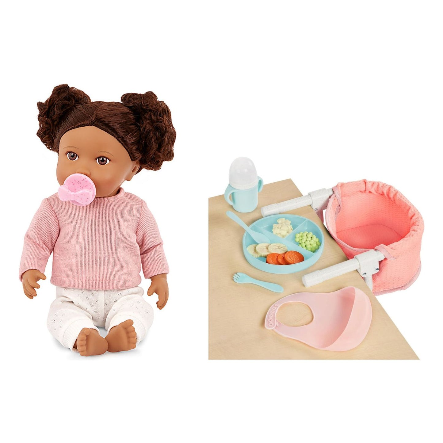 Pack Muñeca LullaBaby Morena Top Rosado + Silla de Comer Portátil con Accesorios