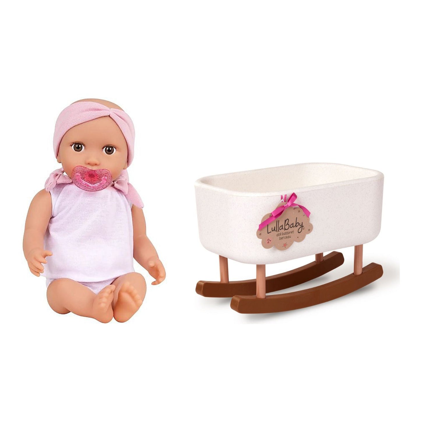 Pack Muñeca LullaBaby con Cintillo + Cuna Mecedora para Muñecas