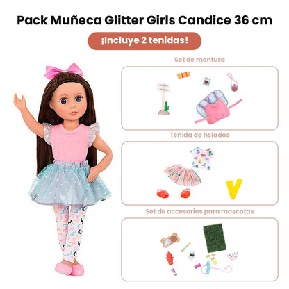 Pack Muñeca Glitter Girls Candice 36 cm + Set de Montura + 2 Tenidas