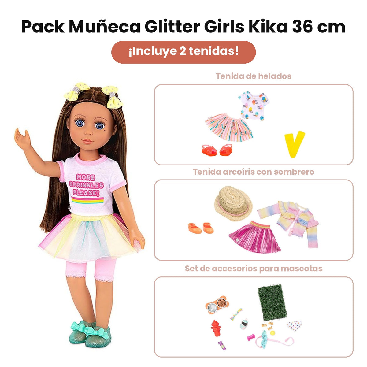 Pack Muñeca Glitter Girls Kika 36 cm + 2 Tenidas + Accesorios de Mascotas