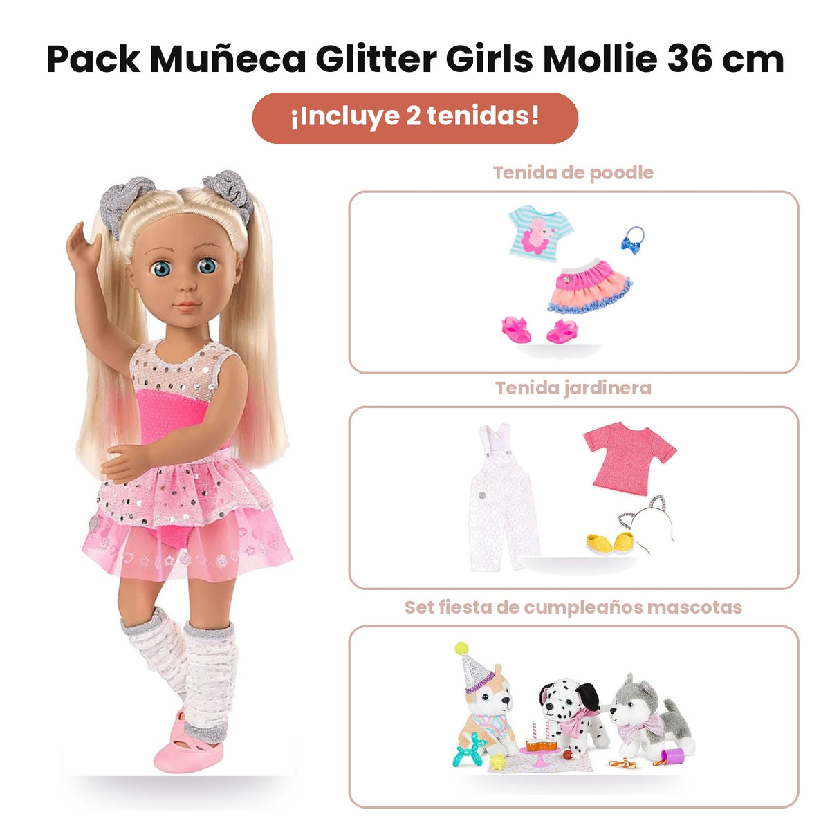 Pack Muñeca Glitter Girls Mollie 36 cm + 2 Tenidas + Set de Mascotas