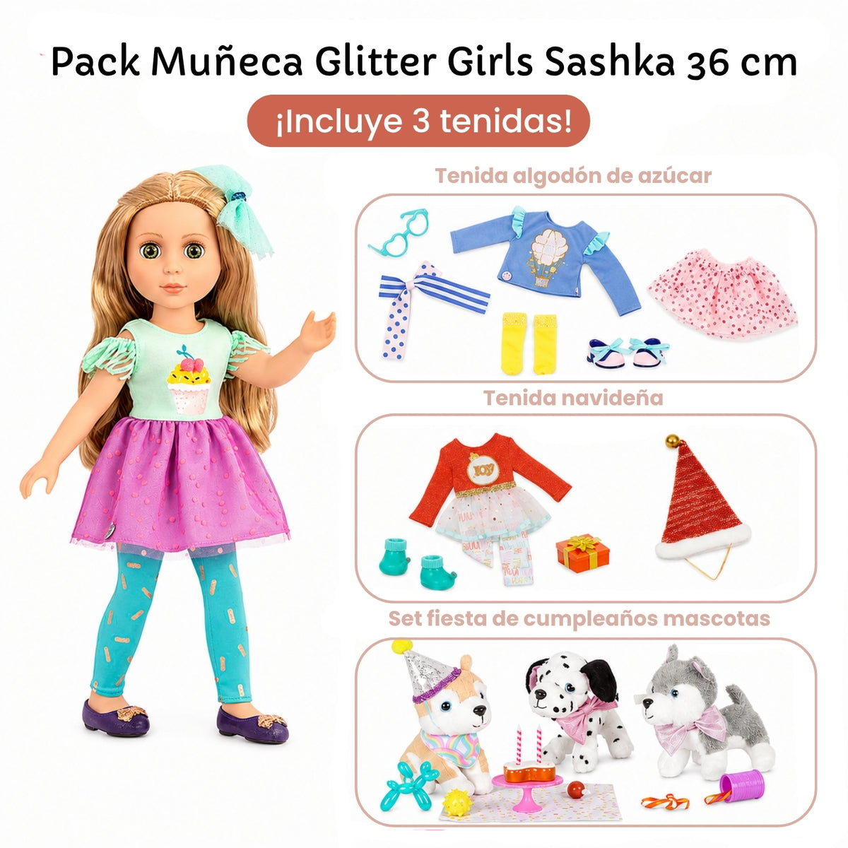 Pack Muñeca Glitter Girls Sashka 36 cm + 2 Tenidas + Set de Mascotas