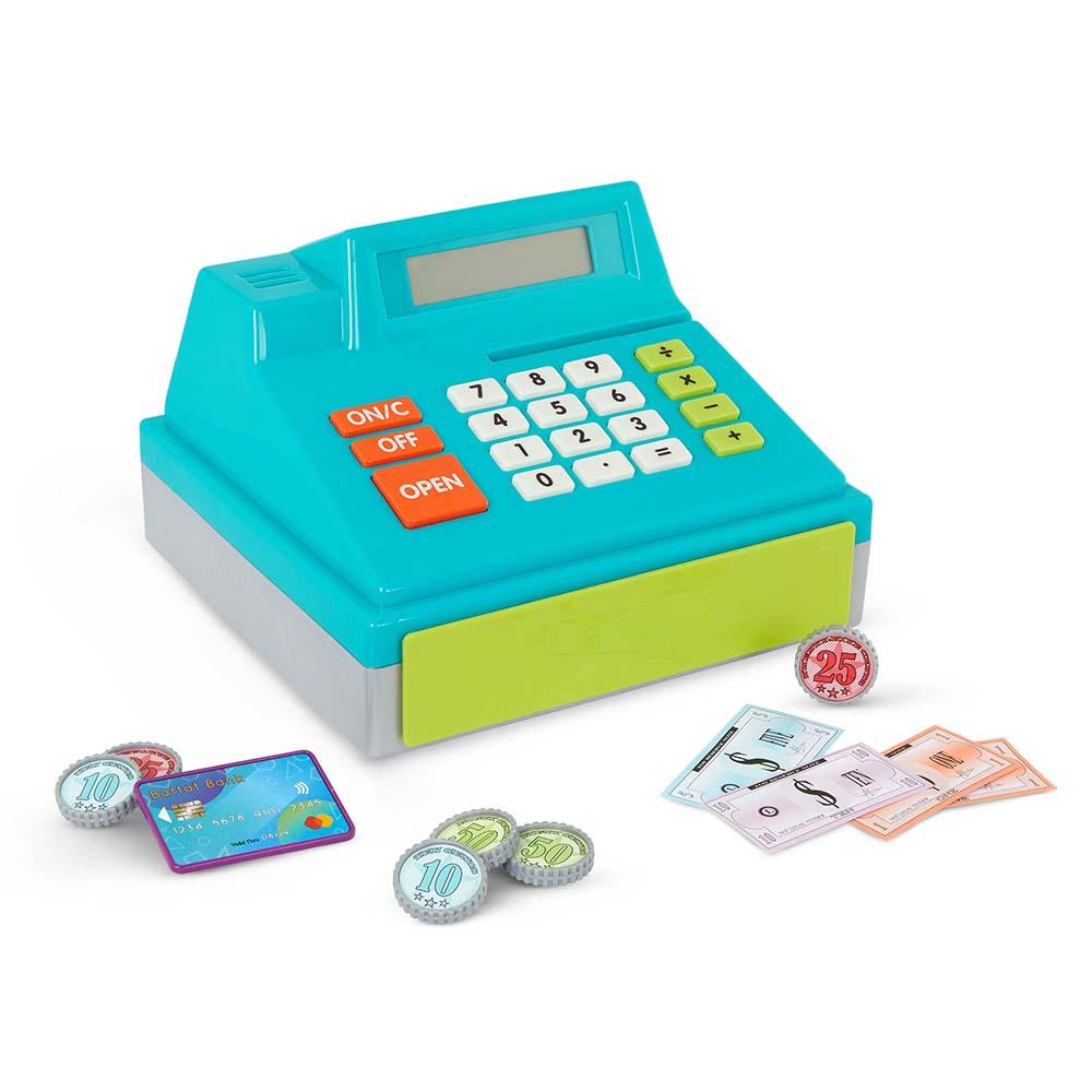 Caja registradora con calculadora real, escáner, micrófono, dinero y  accesorios